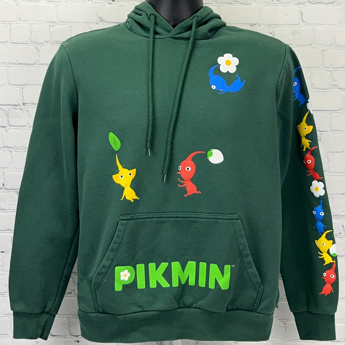 Mad Engine Nintendo Pikmin Graphic Hoodie in Green with Colorful Pikmin Characters and Front Kangaroo Pocket
