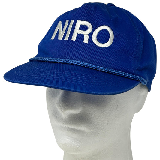 Vintage blue Niro hat with embroidered logo, front view showcasing a classic design