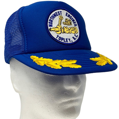 Vintage blue trucker hat with Northwest Engines logo and yellow leaf design on the visor