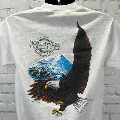 Vintage white t-shirt featuring a graphic of a Bald Eagle with mountain scenery and Northwest Territory logo