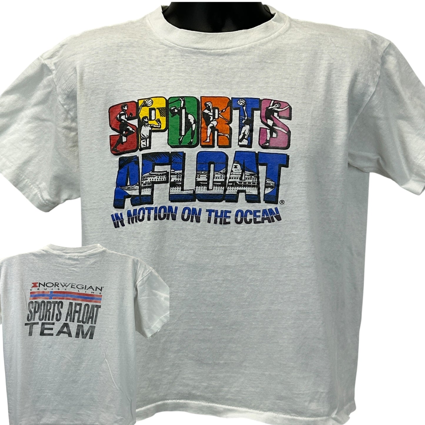 Vintage Norwegian Cruise Line T-Shirt in white with front and back logos, size large, colorful graphic print