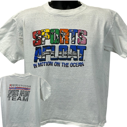 Vintage Norwegian Cruise Line T-Shirt in white with front and back logos, size large, colorful graphic print