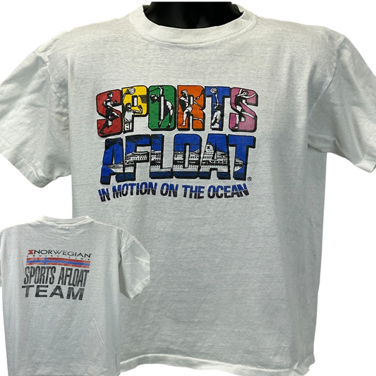 Vintage Norwegian Cruise Line T-Shirt in white with front and back logos, size large, colorful graphic print