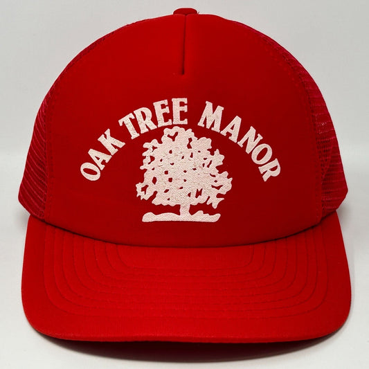 Red Vintage Trucker Hat with Oak Tree Manor Logo on Front and Mesh Back Design