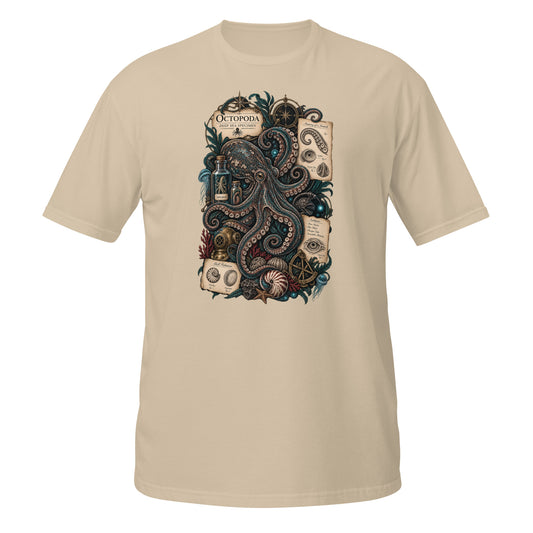 Beige T-shirt featuring a detailed octopus graphic, perfect for marine life enthusiasts
