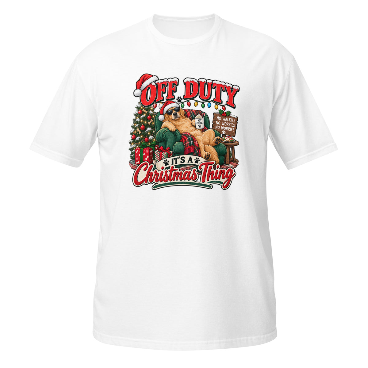 White T-Shirt with 'Off Duty It's a Christmas Thing' graphic featuring a dog, Christmas tree, and festive elements