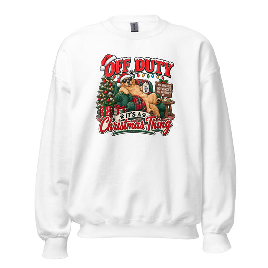 White Off Duty Christmas T-Shirt featuring a festive design with Santa and a Christmas tree