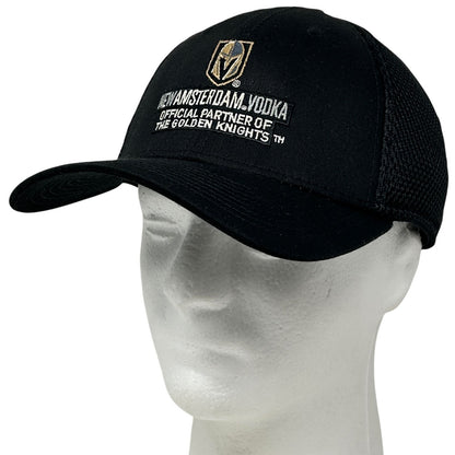 Front view of black New Era Golden Knights trucker cap with official logo and mesh back