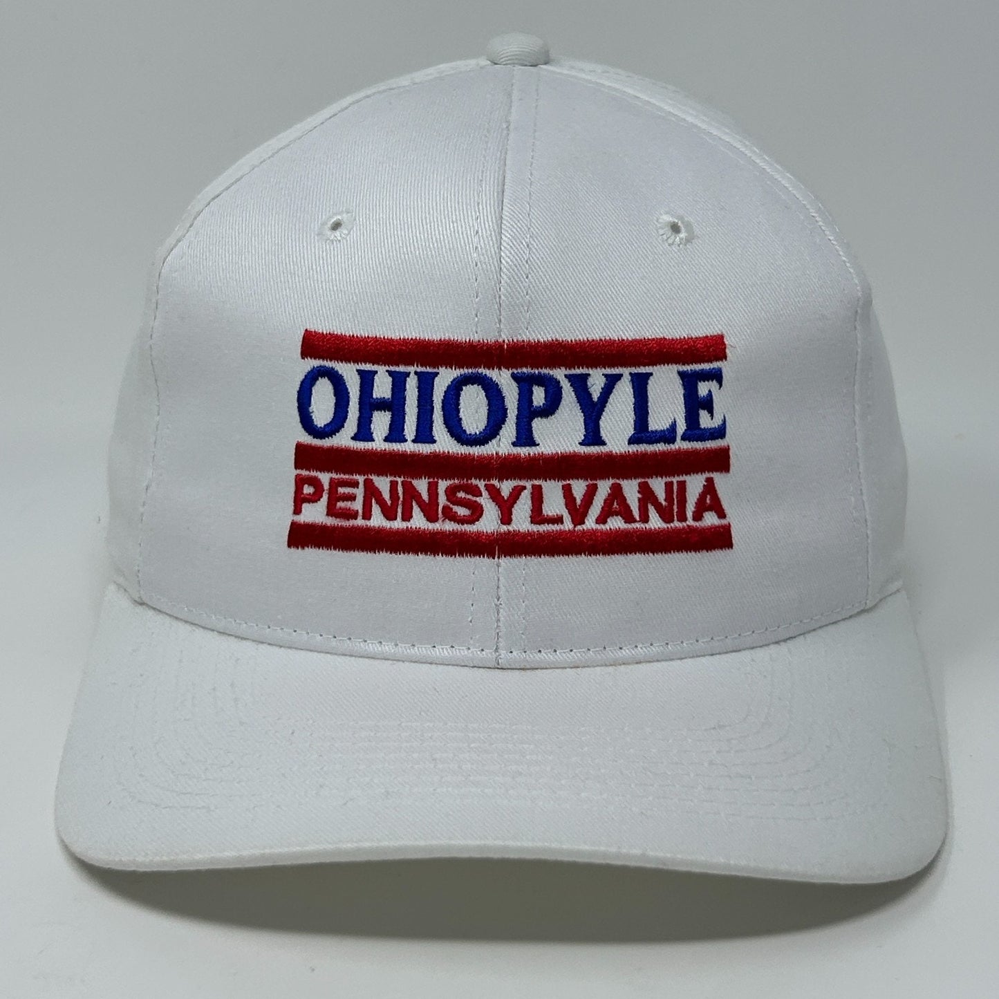 White Pennsylvania Hat featuring 'Ohiopyle' embroidered in red and blue on the front