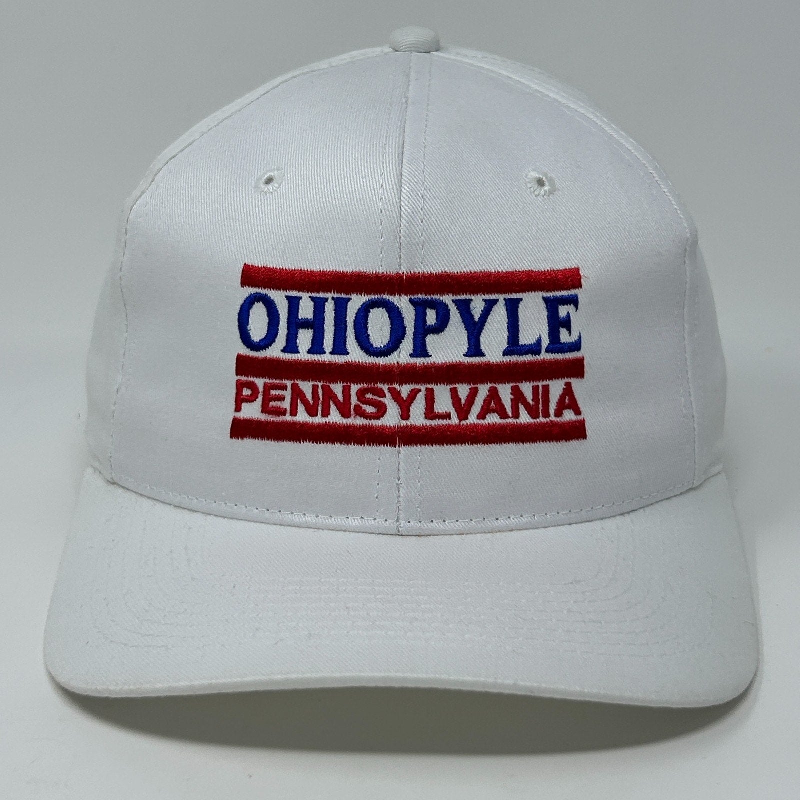 White Pennsylvania Hat featuring 'Ohiopyle' embroidered in red and blue on the front