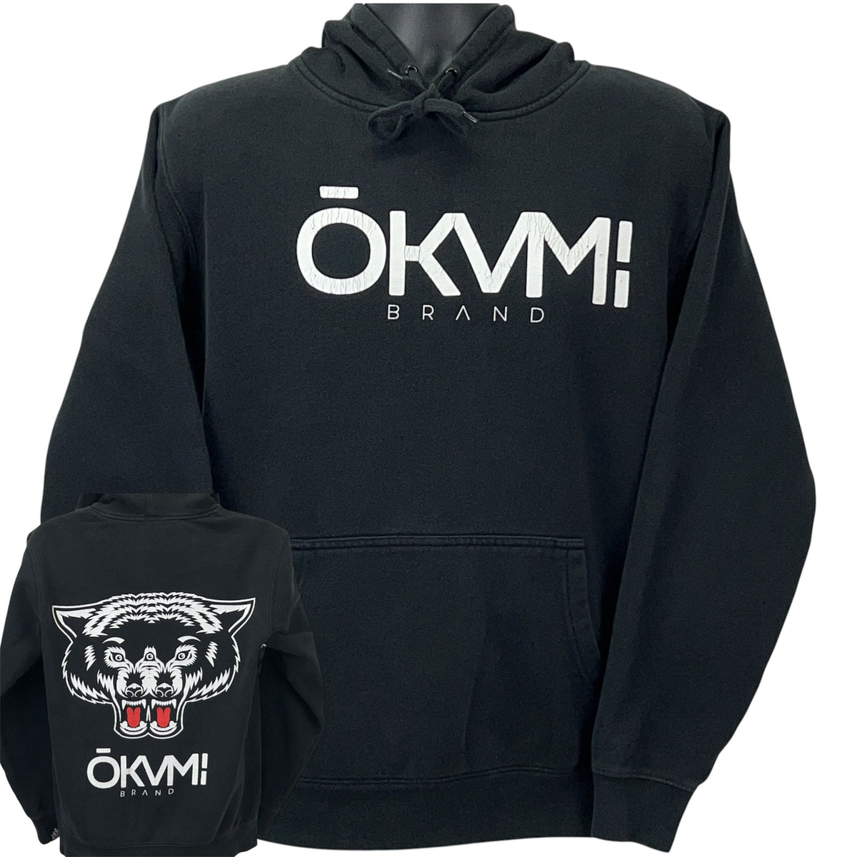 Front view of black Okami Brand hoodie featuring logo and hood, with back showing wolf graphic