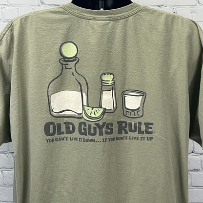 Old Guys Rule Olive Green T-Shirt with Tequila Bottle and Glass Graphic on Back