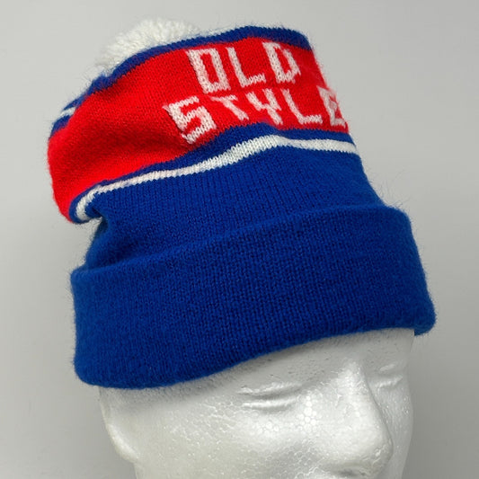 Front view of a blue Old Style Beer Beanie with red and white stripes and logo on the front.