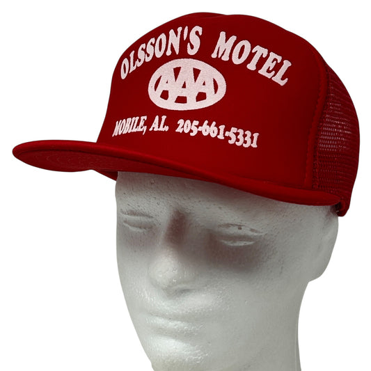 Vintage red trucker hat featuring Olsson's Motel logo and Mobile Alabama text on the front