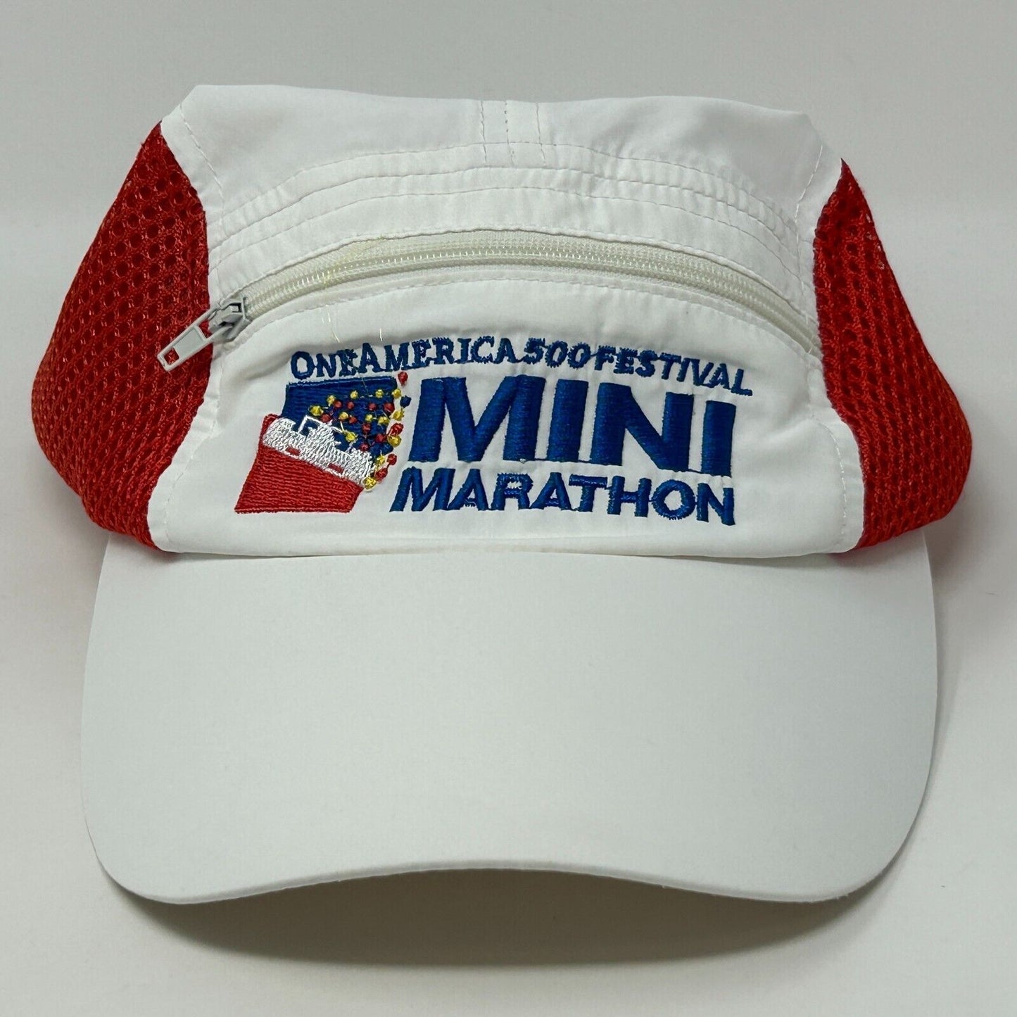 Clayman One America 500 Mini Marathon Hat in white and red with front zip pocket and embroidered logo