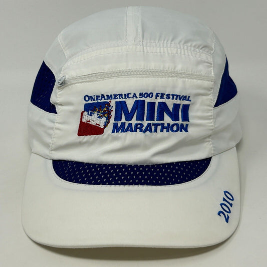 White Hit Wear cap featuring One America 500 logo and Mini Marathon detail, front view with mesh panels