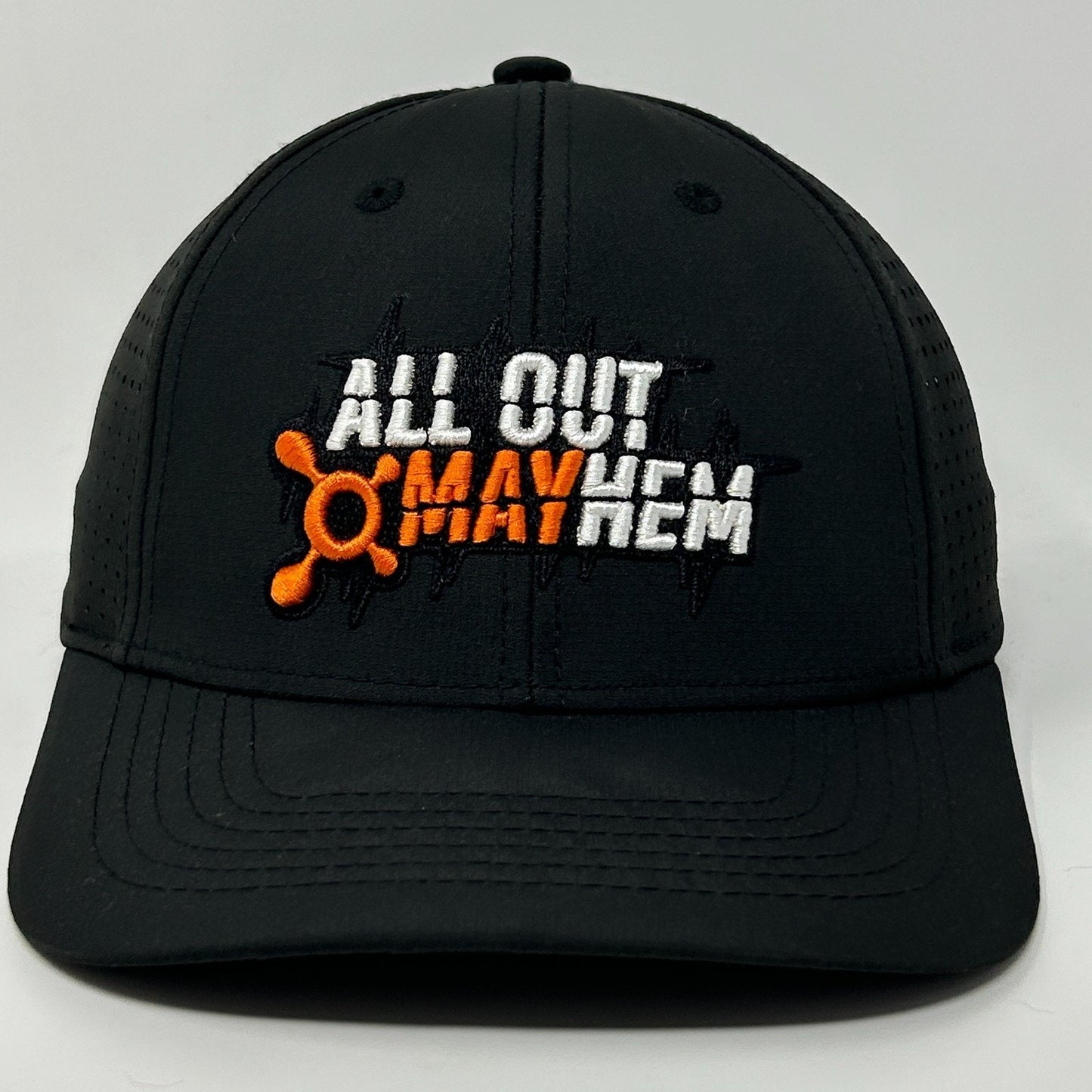 Front view of a black Orangetheory Hat with embroidered 'ALL OUT MAYHEM' logo and orange accents