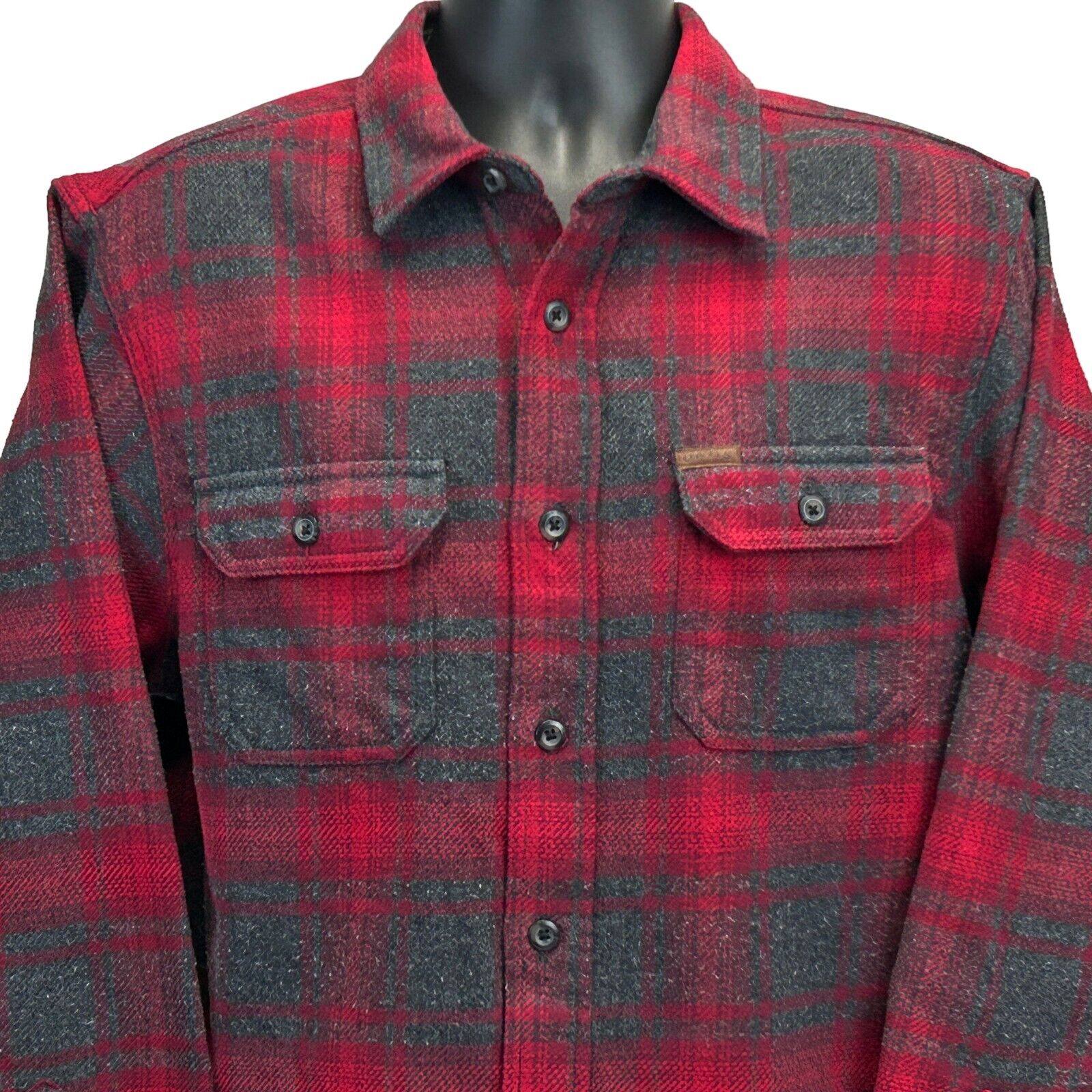 Orvis Red and Black Plaid Flannel Shirt, Front View, Long Sleeves with Two Chest Pockets