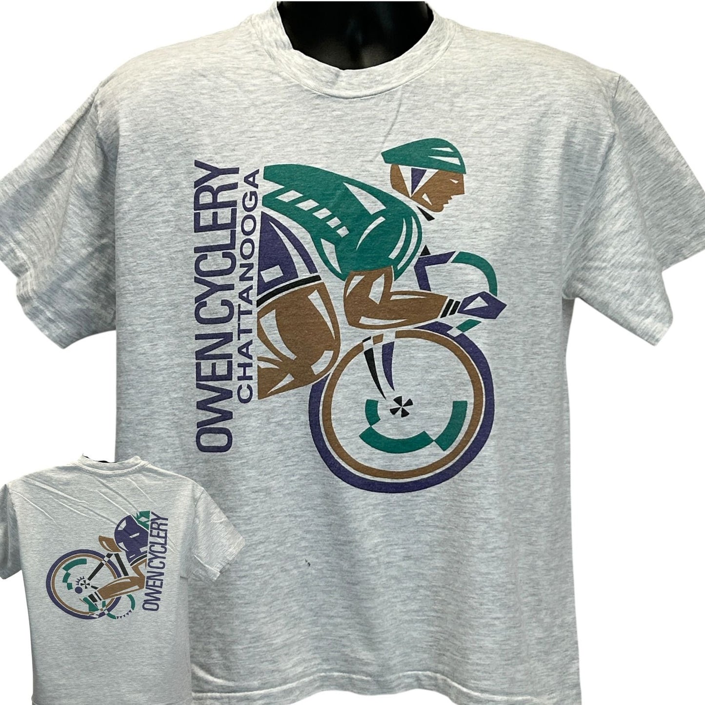 Gray Hanes T-Shirt featuring Owen Cyclery Chattanooga logo, front view with cyclist graphic