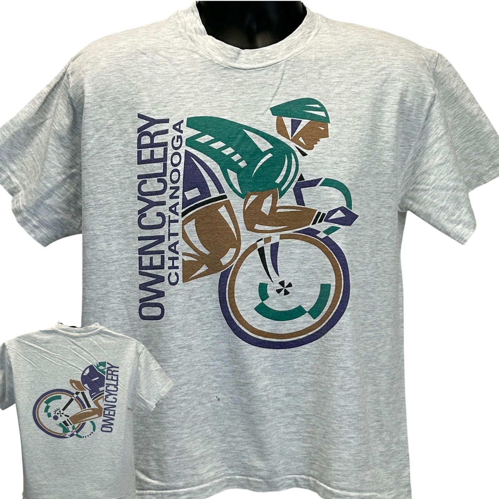 Gray Hanes T-Shirt featuring Owen Cyclery Chattanooga logo, front view with cyclist graphic