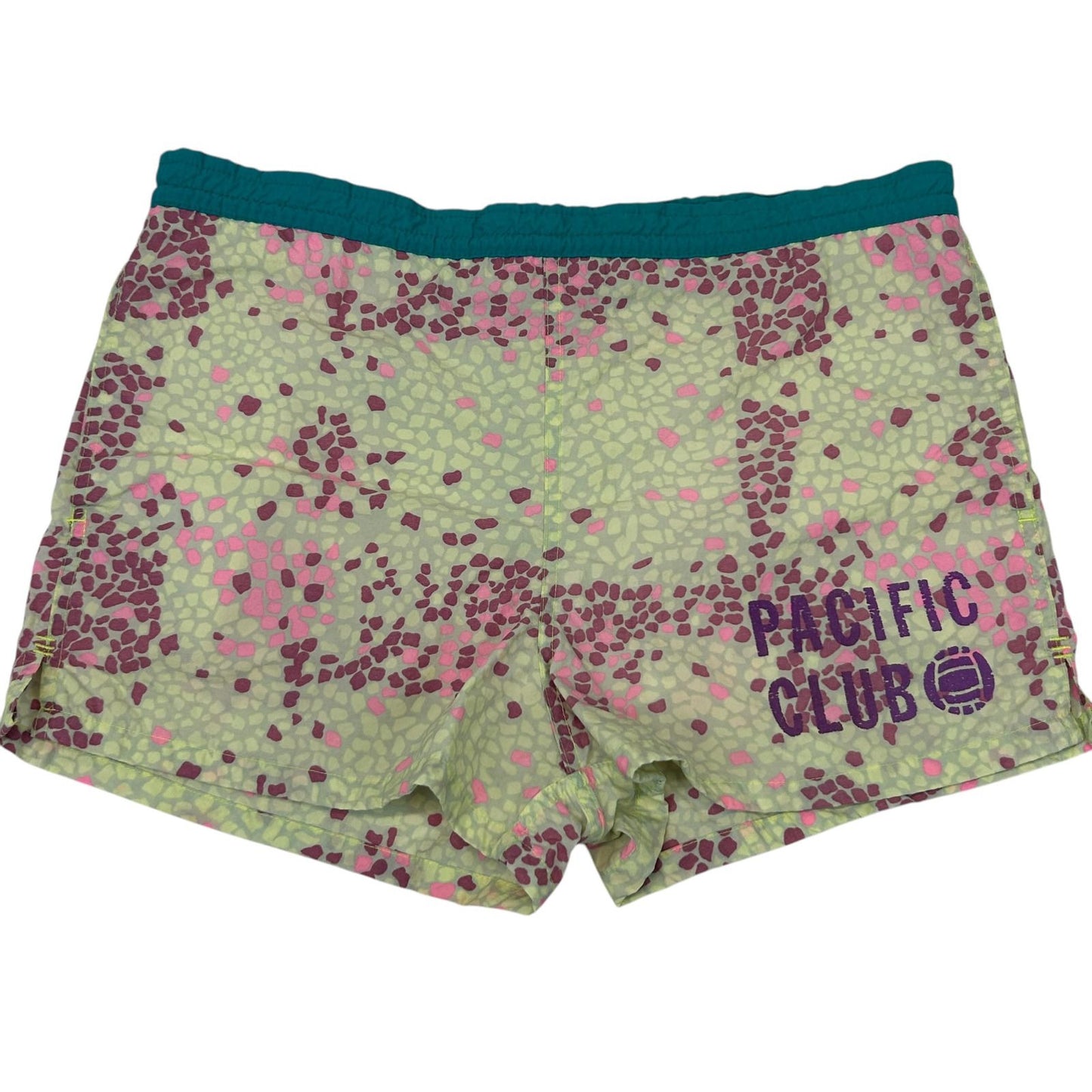 Vintage 90s Pacific Club Patterned Shorts with Pink and Green Geometric Design, Front View