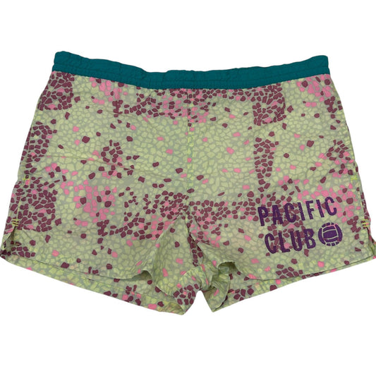 Vintage 90s Pacific Club Patterned Shorts with Pink and Green Geometric Design, Front View