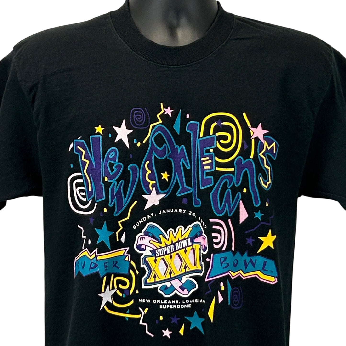 Black Vintage T-Shirt featuring Super Bowl 31 graphic with colorful design and Packers logo detail