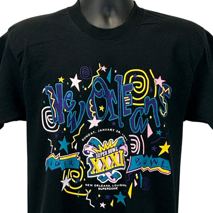 Black Vintage T-Shirt featuring Super Bowl 31 graphic with colorful design and Packers logo detail