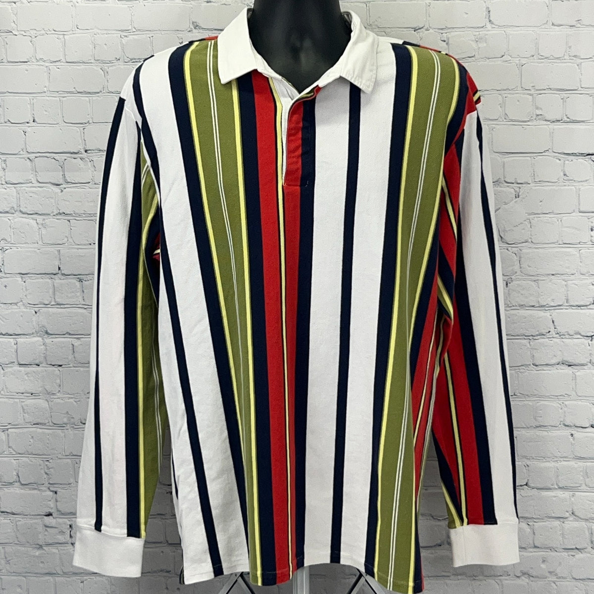 PacSun Long Sleeve Striped Polo Shirt in White with Green, Red, and Navy Stripes, Size Large