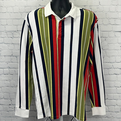 PacSun Long Sleeve Striped Polo Shirt in White with Green, Red, and Navy Stripes, Size Large