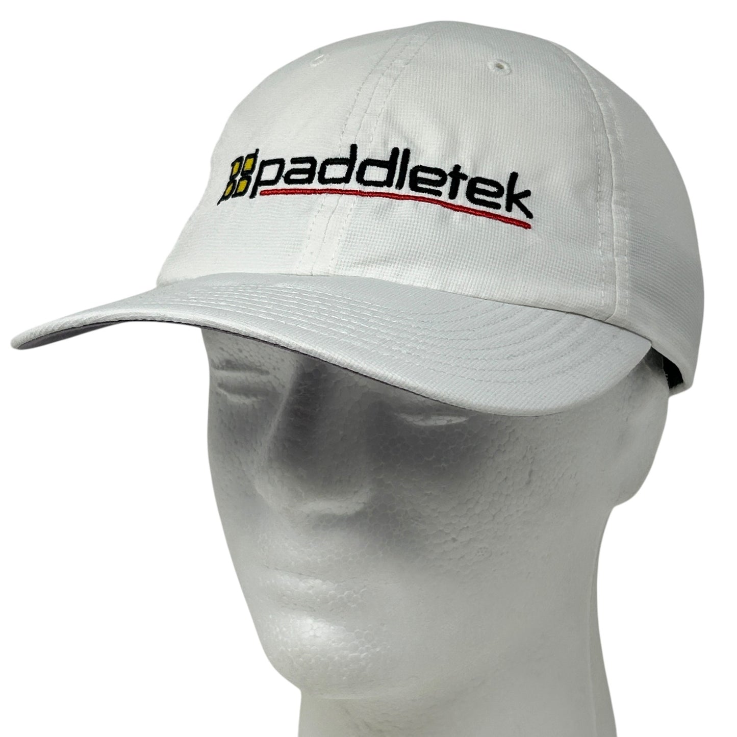 White Paddletek Pickleball hat with adjustable strap and embroidered logo on the front