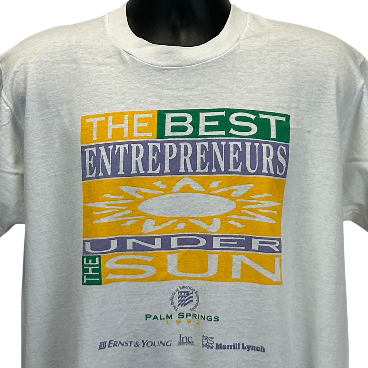 White Screen Stars T-Shirt featuring colorful text 'The Best Entrepreneurs Under the Sun' on the front