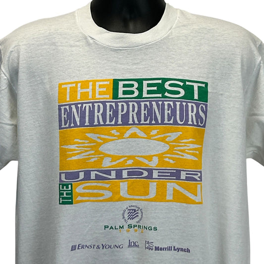 White Screen Stars T-Shirt featuring colorful text 'The Best Entrepreneurs Under the Sun' on the front