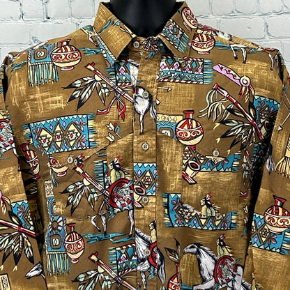 Panhandle Slim brown shirt with colorful tribal patterns, featuring a button-up front and short sleeves