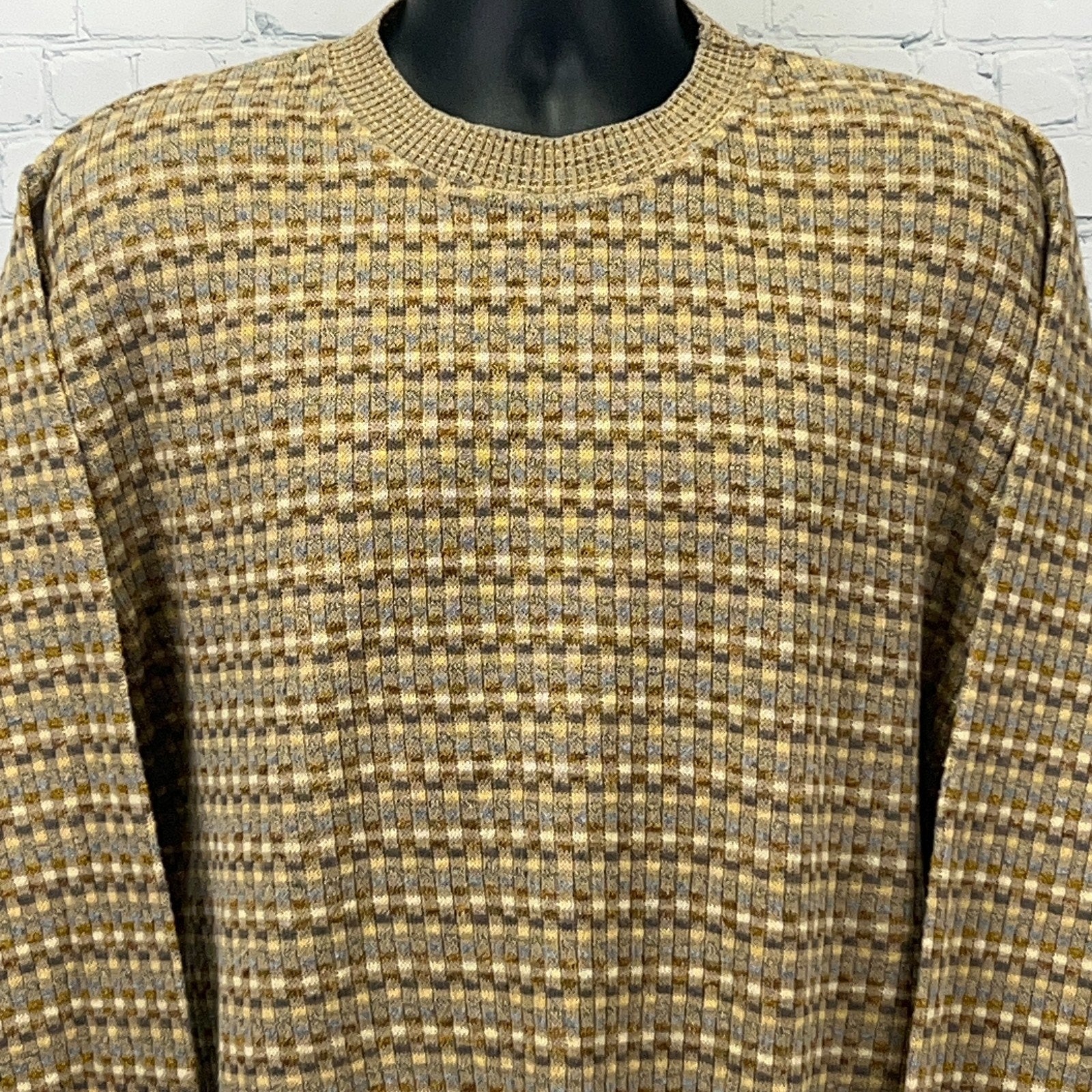 Paolo Valenzi brown and yellow checkered knit sweater, view from the front, featuring long sleeves and a crew neck
