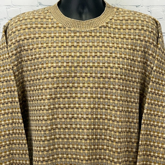 Paolo Valenzi brown and yellow checkered knit sweater, view from the front, featuring long sleeves and a crew neck