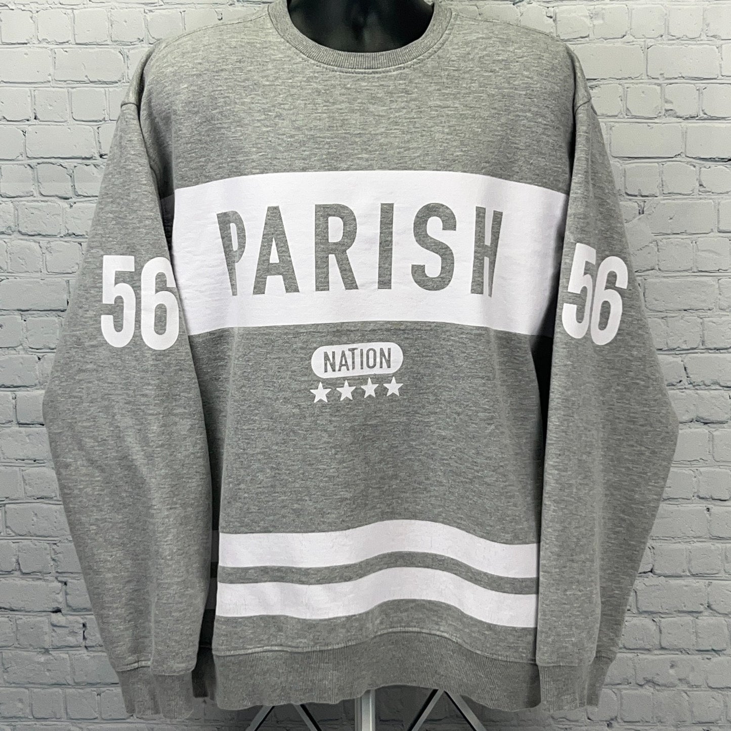 Gray Parish Nation sweatshirt with white stripes, front view, featuring a bold logo and number 56