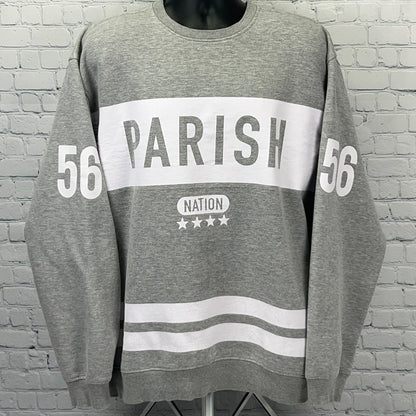 Gray Parish Nation sweatshirt with white stripes, front view, featuring a bold logo and number 56