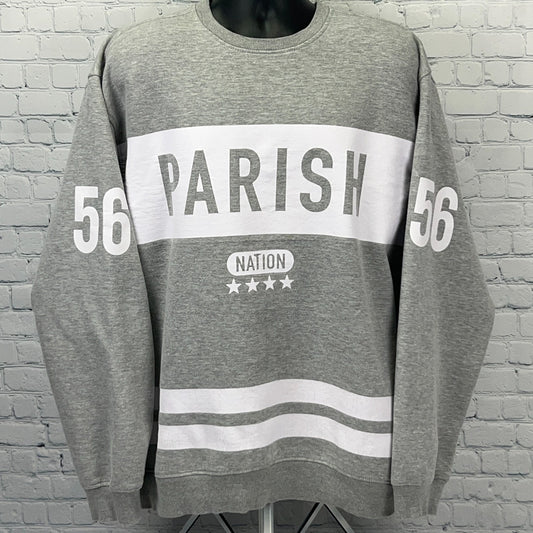 Gray Parish Nation sweatshirt with white stripes, front view, featuring a bold logo and number 56