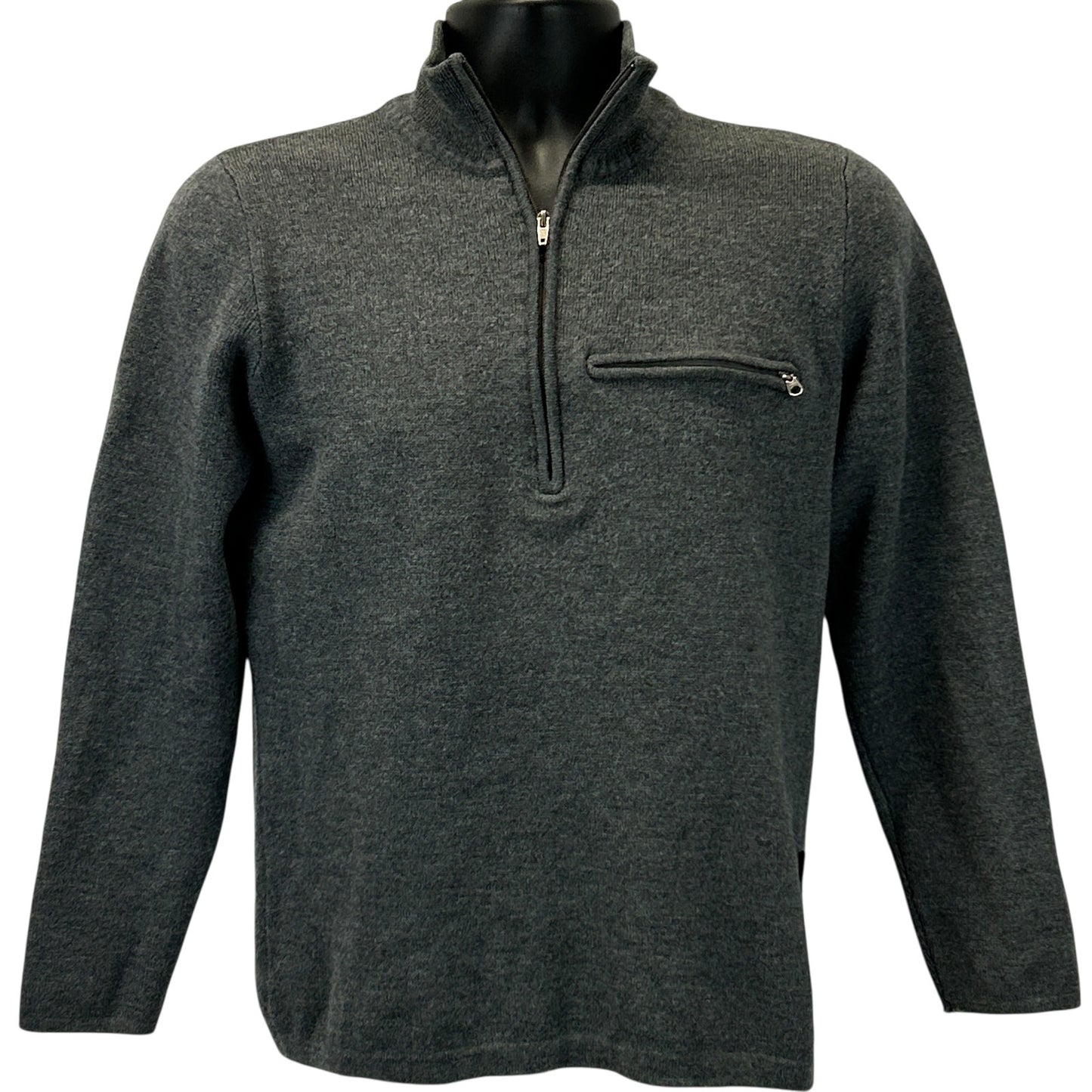 Patagonia gray pullover sweater in size medium with a zippered chest pocket and logo detail