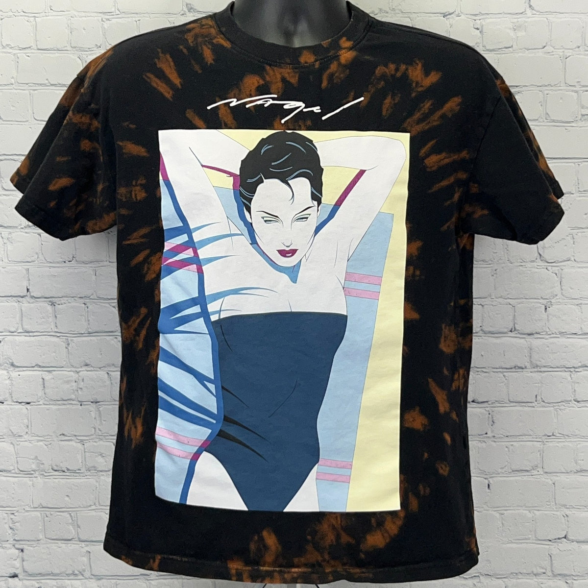 Forever 21 Patrick Nagel graphic t-shirt in black with a tie-dye design and a colorful female illustration on the front