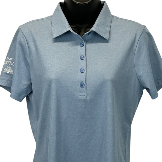 Travis Mathew Patron Tequila Polo Shirt in Light Blue, Front View with logo on left chest