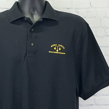 Black Port Authority Polo Shirt with Yellow 'World Famous Gold & Silver Pawnshop' Logo on Front