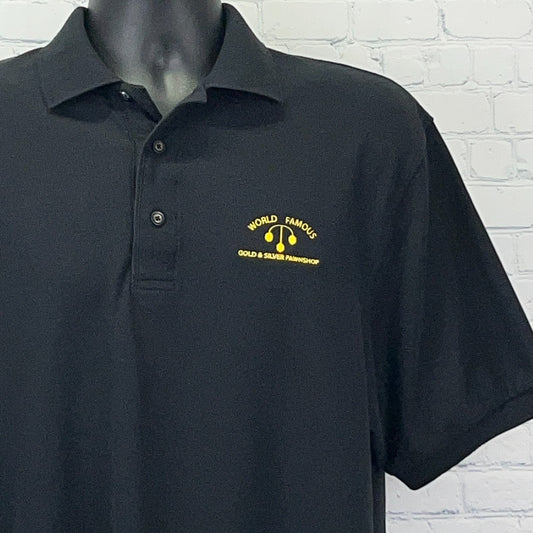 Black Port Authority Polo Shirt with Yellow 'World Famous Gold & Silver Pawnshop' Logo on Front