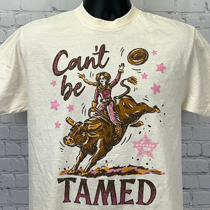 Cream PBR Professional Bull Riders T-shirt with graphic of a cowgirl taming a bull