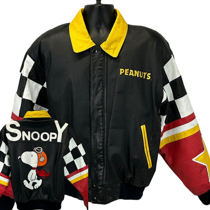 Excelled Snoopy Jacket in Black with Colorful Checkered Sleeves and 'Peanuts' Logo on Front