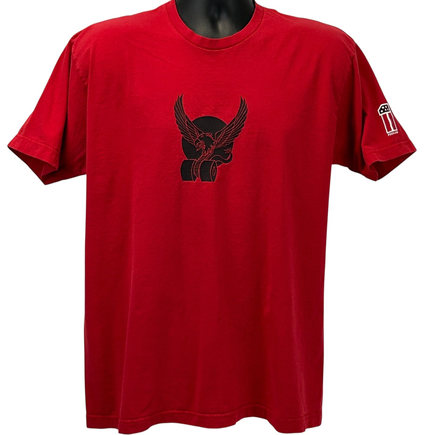 Front view of a red American Apparel T-Shirt featuring a Pearl Jam logo with an eagle design