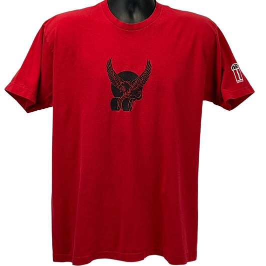 Front view of a red American Apparel T-Shirt featuring a Pearl Jam logo with an eagle design
