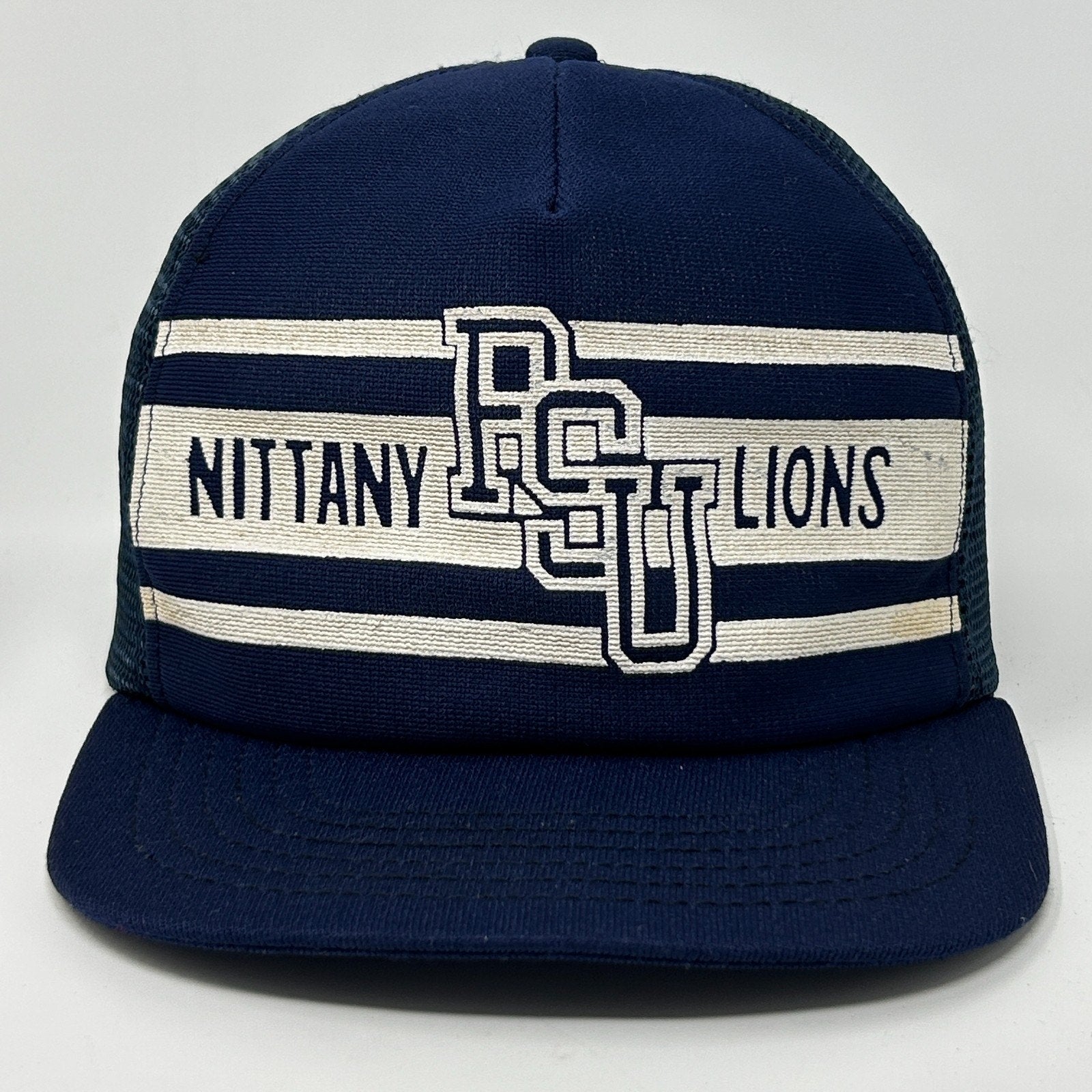 Vintage Penn State Hat in navy blue with Nittany Lions logo on front in white and striped detail