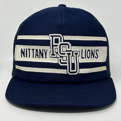 Vintage Penn State Hat in navy blue with Nittany Lions logo on front in white and striped detail